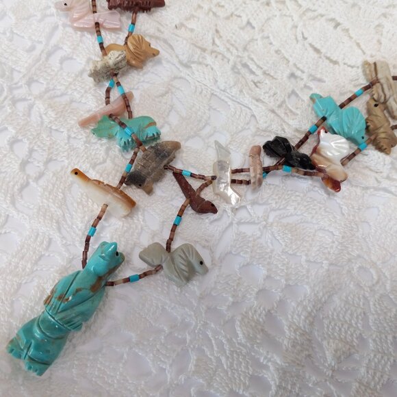Vintage Two-Strand Turquoise MOP Navajo Indian Fetish Necklace - Picture 6 of 15